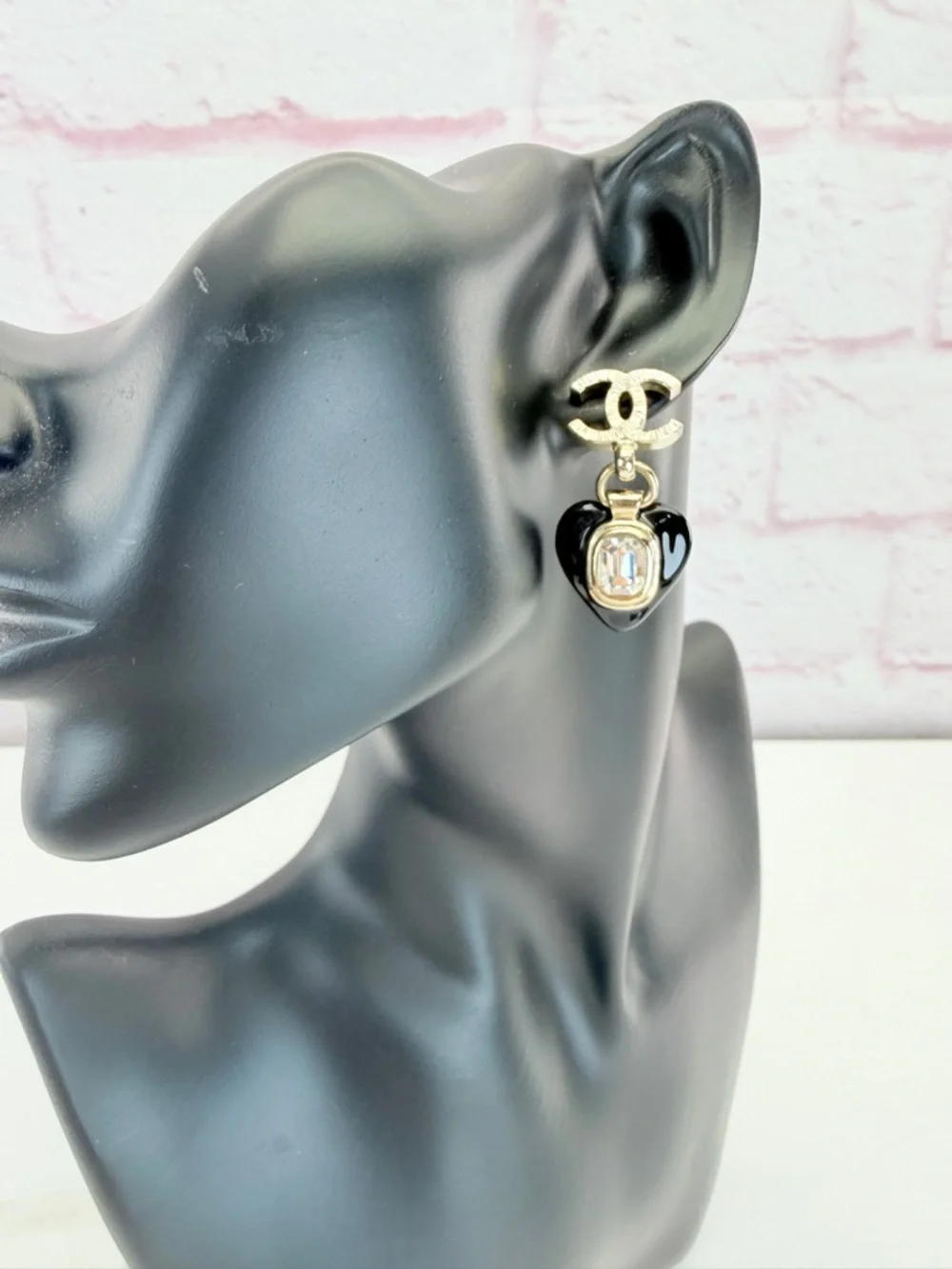Chanel 2021 Enamel & Strass CC Heart Drop Earrings